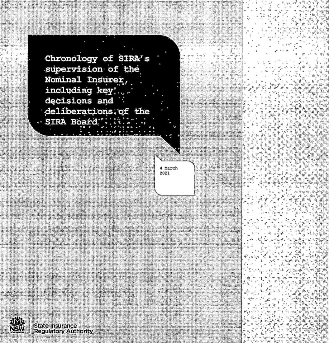 Document cover that says Chronology of SIRA's supervision of the Nominal Insurer