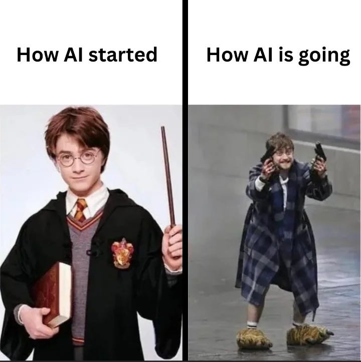 Split image of Harry Potter looking like magic compared to a chaotic photo of Daniel Radcliffe holding guns.