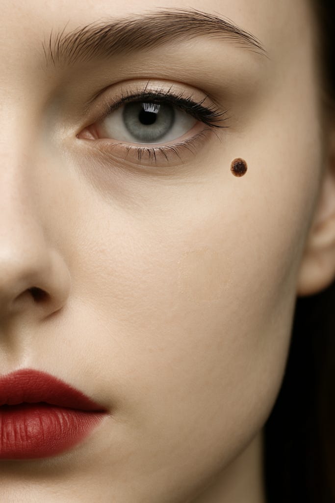 Close-up of a woman’s pale face in cool, high-contrast lighting. Her flawless porcelain skin, red lips, and pale blue eye evoke classic Hollywood glamour. A single dark beauty mark sits just beneath her eye, drawing attention to the eerie perfection of her features. The image feels elegant, still, and slightly unsettling—beauty frozen in place.