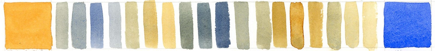 Watercolor swatch page from graphic novelist K. Woodman-Maynard.
