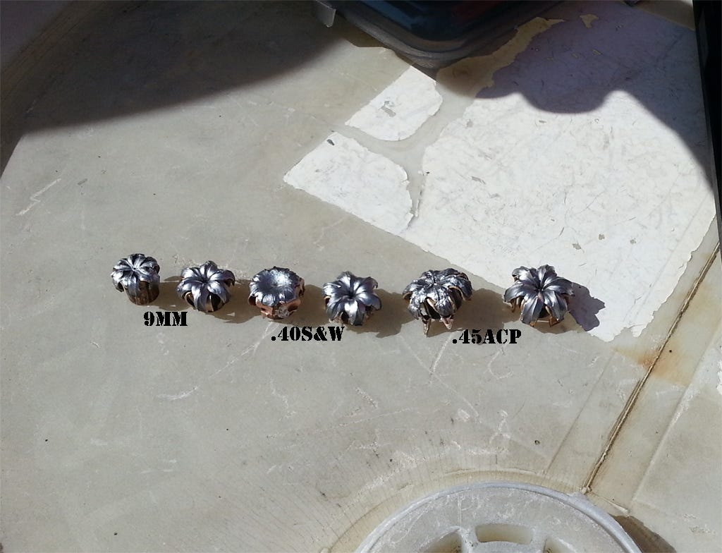 The 3 most common calibers after being fired into ballistic gelatin. For each caliber, the bullet on the left is Winchester SXT and the bullet on the right is Federal HST. The 3 most common calibers after being fired into ballistic gelatin. For each caliber, the bullet on the left is Winchester SXT and the bullet on the right is Federal HST.