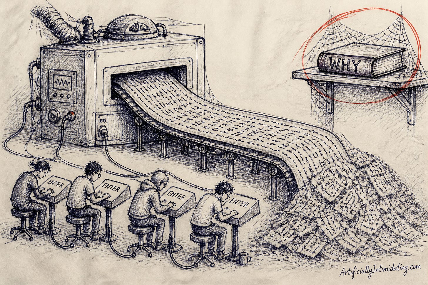 Tired engineers press oversized ENTER keys while a conveyor belt pours code onto a pile nobody reads; a dusty manual marked WHY gathers cobwebs on a shelf. Tired engineers press oversized ENTER keys while a conveyor belt pours code onto a pile nobody reads; a dusty manual marked WHY gathers cobwebs on a shelf.