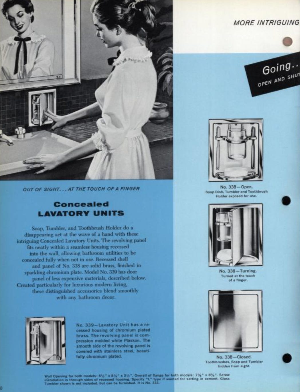 Image from the Hall-Mack catalog 36 (1959) of bathroom toothbrush / soap / cup holder that rotates and vanishes into the wall.
