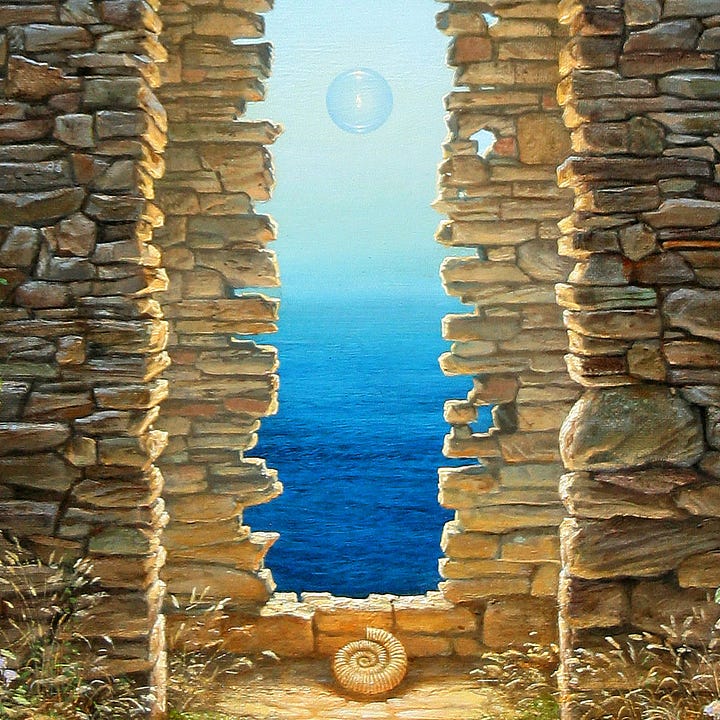 LEFT: Detail from TIME AND TIDE featuring the nested archway and window leading to a view of cool blue sea. A transparent sphere containing a solitary flame floats out to pale blue sky.  RIGHT: Close detail from TIME AND TIDE featuring the spiral of an ammonite fossil resting against stone at the base of an opening providing a view out to sea. The wall of the ancient ruins is wheat colored, a warm contrast against the cool ripples of the cobalt sea beyond.