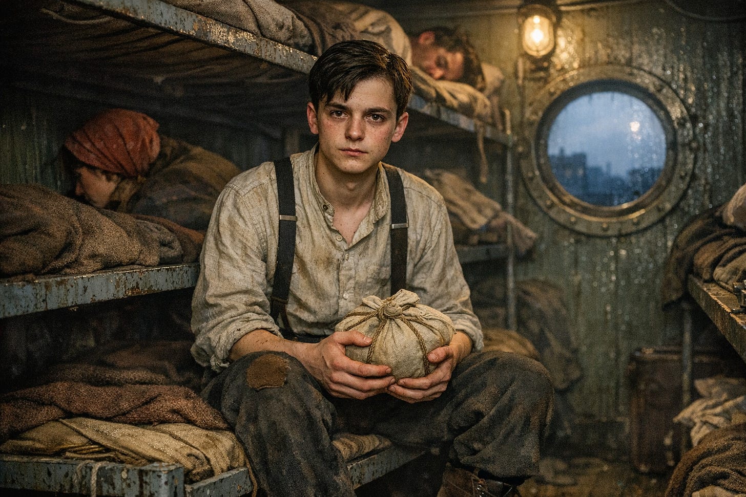 Image Prompt: Hyperrealistic color photograph in 16x9 landscape format, intimate observer perspective inside dimly lit steerage compartment at dawn, 16yearold Polish boy sitting upright on bottom bunk of cramped threetier metal bed frame with peeling gray paint, thin yellowed straw mattress, threadbare brown wool blanket, boy has short dark brown hair parted to side, pale gaunt face with prominent cheekbones and dark circles under brown eyes, wearing rumpled offwhite collarless linen shirt with visible sweat stains and suspenders, dark charcoal wool trousers with brown patches on knees, scuffed brown leather boots with frayed string laces, clutching small beige cloth bundle tied with hemp rope, dingy porthole in background showing first pale grayblue dawn light and dark silhouettes of buildings, other immigrants stirring in bunks woman in faded red headscarf, man in dirty white undershirt, condensation droplets on greenpainted metal walls, single weak yellow electric bulb overhead casting harsh shadows, authentic textures of worn fabric and rusted metal, documentary realism as if standing three feet away observing, natural color palette of browns, grays, yellows, muted reds, sense of claustrophobic crowding and anxiety.png Image Prompt: Hyperrealistic color photograph in 16x9 landscape format, intimate observer perspective inside dimly lit steerage compartment at dawn, 16yearold Polish boy sitting upright on bottom bunk of cramped threetier metal bed frame with peeling gray paint, thin yellowed straw mattress, threadbare brown wool blanket, boy has short dark brown hair parted to side, pale gaunt face with prominent cheekbones and dark circles under brown eyes, wearing rumpled offwhite collarless linen shirt with visible sweat stains and suspenders, dark charcoal wool trousers with brown patches on knees, scuffed brown leather boots with frayed string laces, clutching small beige cloth bundle tied with hemp rope, dingy porthole in background showing first pale grayblue dawn light and dark silhouettes of buildings, other immigrants stirring in bunks woman in faded red headscarf, man in dirty white undershirt, condensation droplets on greenpainted metal walls, single weak yellow electric bulb overhead casting harsh shadows, authentic textures of worn fabric and rusted metal, documentary realism as if standing three feet away observing, natural color palette of browns, grays, yellows, muted reds, sense of claustrophobic crowding and anxiety.png