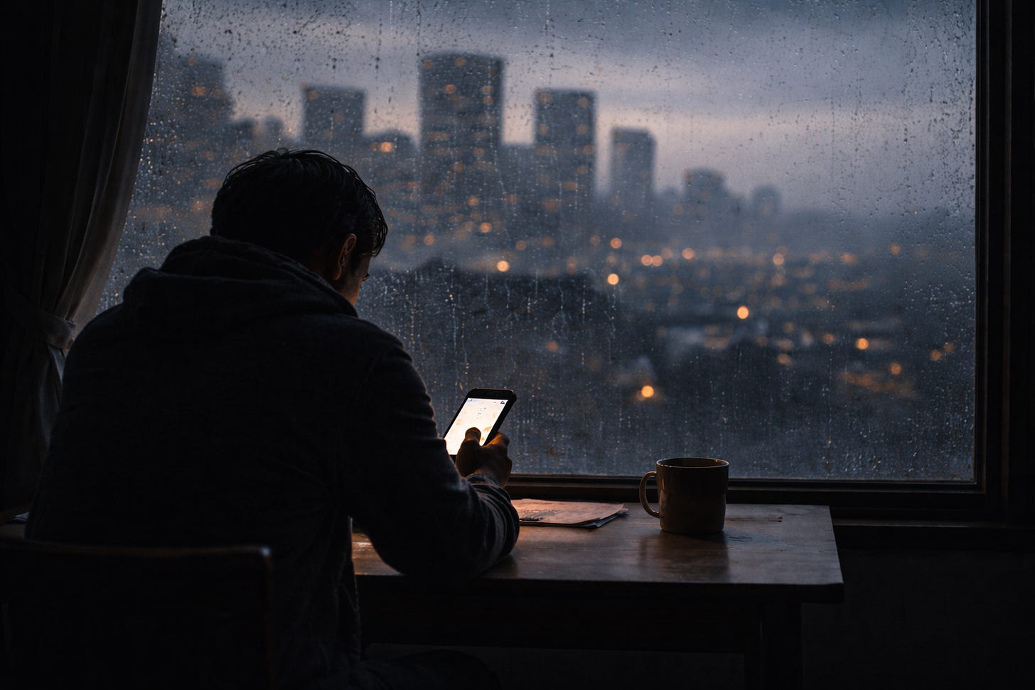 A person seated alone at a table at dusk, phone glowing softly in their hands, rain on the window and a hazy city skyline beyond.