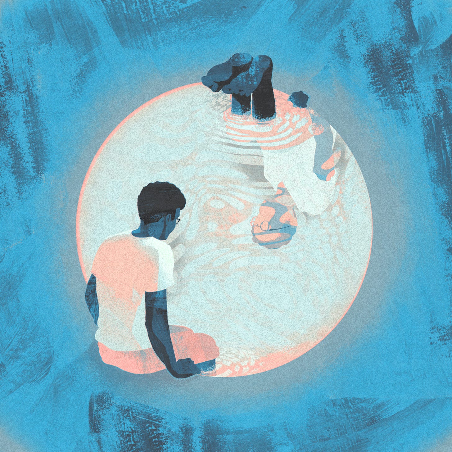 Stylized illustration of a person sitting at the edge of a glowing, circular pool-like form, gazing into their own reflection. The reflection appears slightly distorted and rippled, with the figure shown upside down within the sphere. The background is awash in textured blue tones, creating a dreamy and introspective atmosphere. Stylized illustration of a person sitting at the edge of a glowing, circular pool-like form, gazing into their own reflection. The reflection appears slightly distorted and rippled, with the figure shown upside down within the sphere. The background is awash in textured blue tones, creating a dreamy and introspective atmosphere.