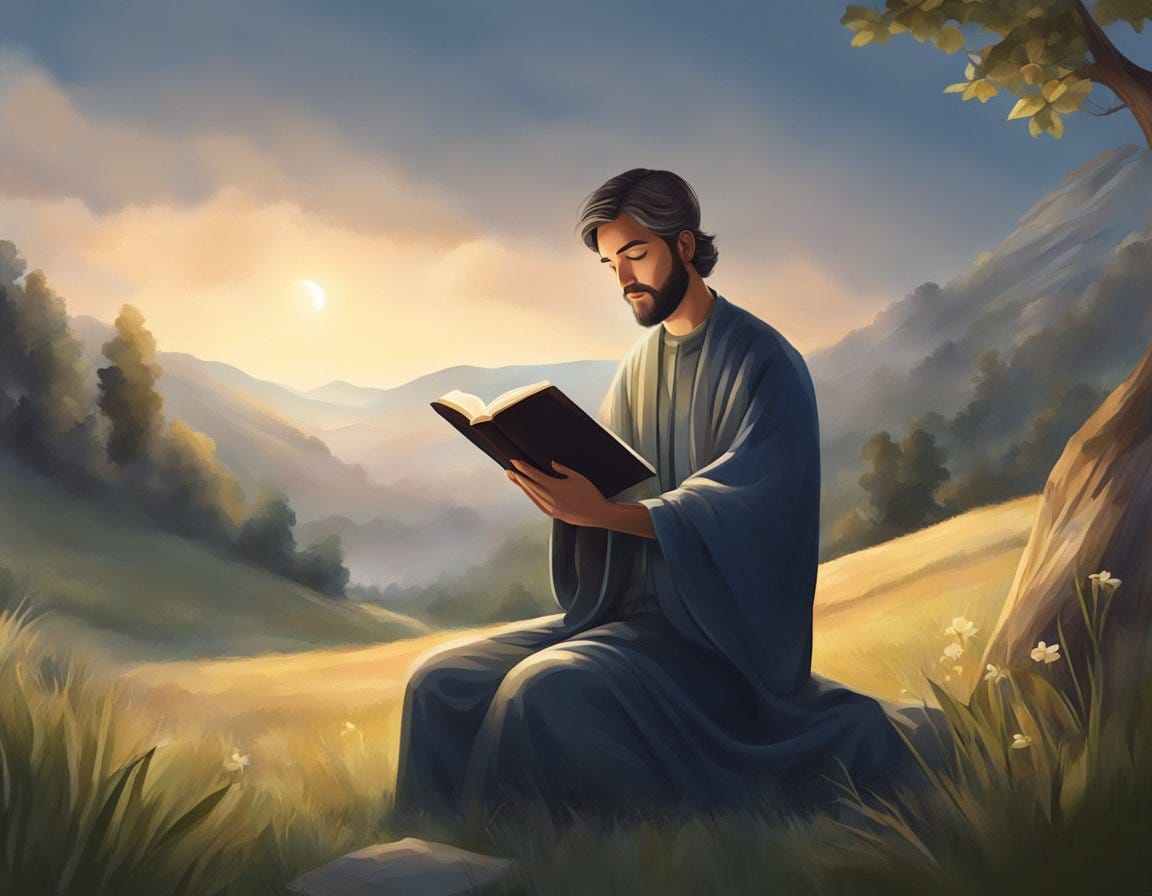 A person reading a Bible with a peaceful expression, surrounded by a quiet and serene atmosphere, with a sense of reverence and spiritual focus