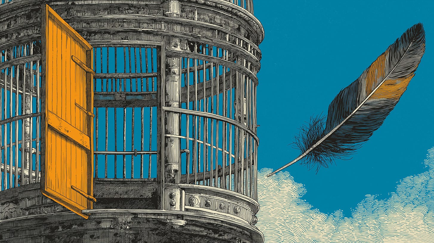 Editorial illustration of a massive birdcage constructed from steel girders and rivets, its door swung wide open. A single black-and-gold feather drifts outward toward open sky. The perch inside is empty. Charcoal and ivory linework with orange accent on the cage door hinge and a cyan tint on the distant sky.
