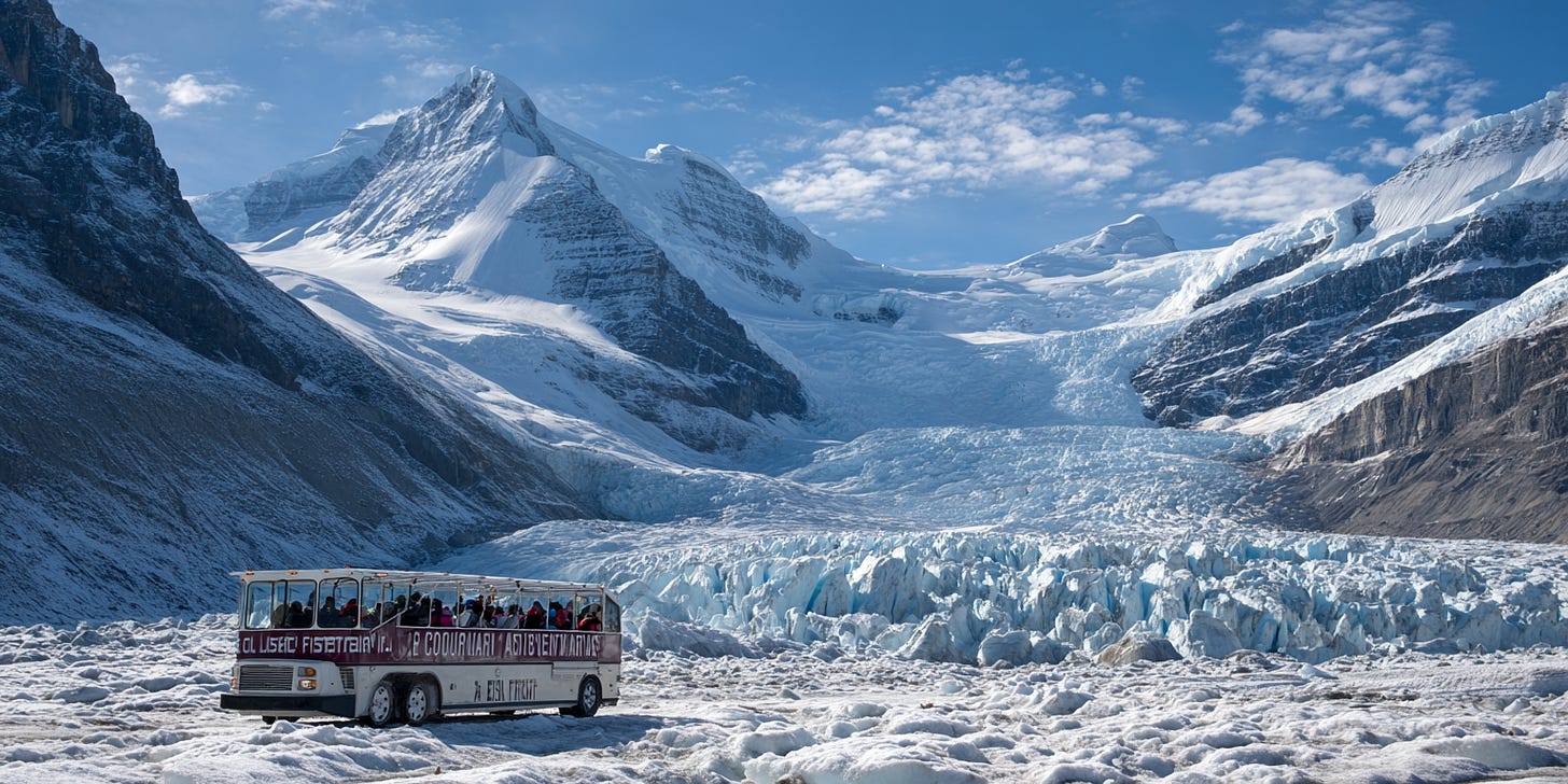 A glacier tour vehicle on the Columbia Icefield, with visitors standing on the glacier and dramatic ice formations surrounding them. A glacier tour vehicle on the Columbia Icefield, with visitors standing on the glacier and dramatic ice formations surrounding them.