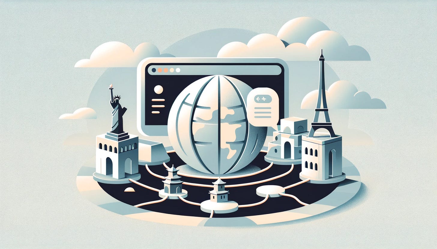 A simplistic, material design-inspired illustration showcasing multi-location website monitoring. The scene is divided into three distinct sections, each representing a different location around the globe. In each section, there's a minimalist representation of a landmark or iconic feature unique to that location, such as a silhouette of the Eiffel Tower, the Statue of Liberty, and the Great Wall of China. Each landmark is connected by flowing, curved lines to a central, simplified depiction of a computer screen displaying a globe. The computer screen symbolizes the central monitoring system, and the connections indicate the flow of information between the global locations and the monitoring hub. The overall color palette is soft, with muted tones to keep the design understated and professional. The image should be in a 16:9 aspect ratio to fit the request.