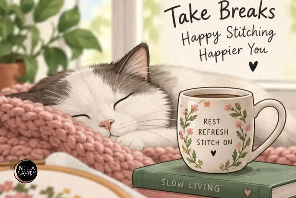 Cozy cross stitch scene with a sleeping cat, floral mug, books, plants, and a partially stitched hoop, illustrating the importance of taking breaks while stitching.