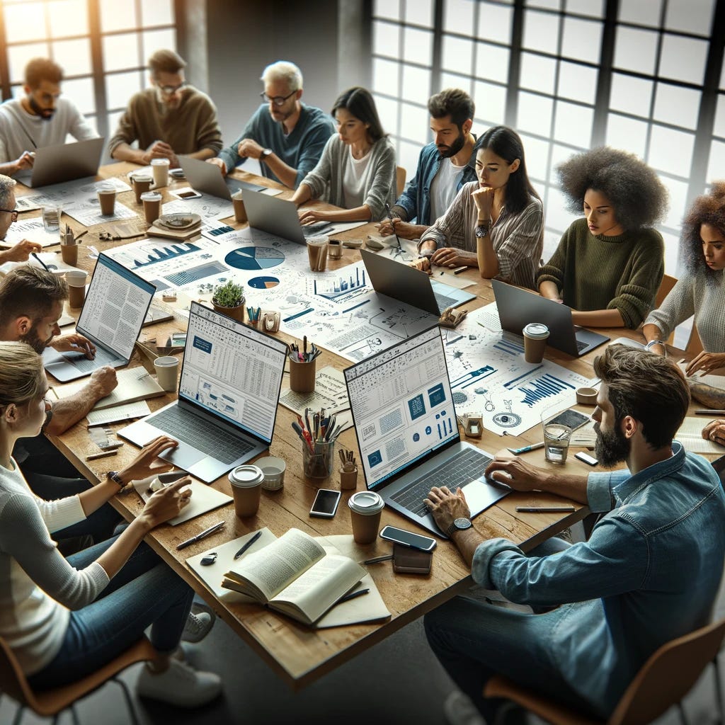 Computer-generated image showing many people crowded around a desk, working on laptops while documents are spread on the table between them Computer-generated image showing many people crowded around a desk, working on laptops while documents are spread on the table between them