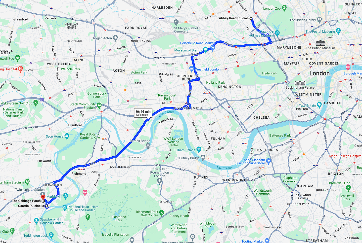 Google map showing the route  from Abbey Road to the Cabbage Patch pub.