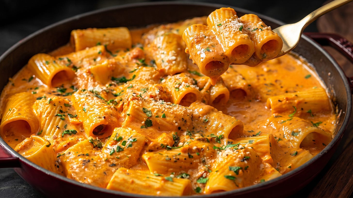 Creamy garlic tomato rigatoni pasta in a skillet with fresh parsley.