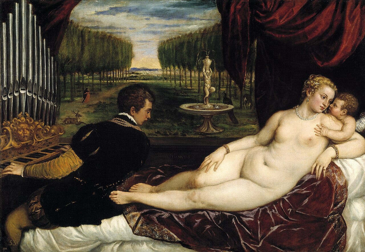 A reclining Venus with Cupid while a man plays an organ A reclining Venus with Cupid while a man plays an organ