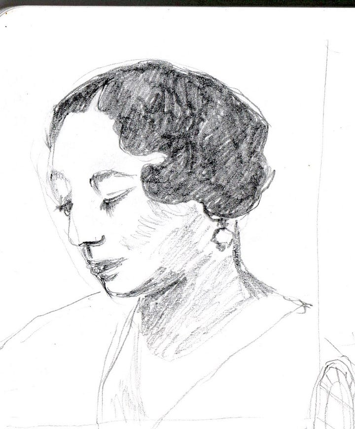 pencil sketches of Maud Hart Lovelace; Penelope and Colin; Emma (2020)