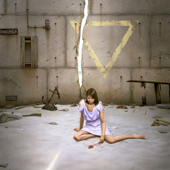 LEFT: Detail from GLIMPSE FEATURING a young woman in a short lavender dress sitting with one knee under her and her other leg out to the side as she stares down at a red glass heart resting on the sand. A crack in the concrete wall behind her casts a sliver of light onto the sand. The crack splits the corner of a yellow triangle painted point down and weathered. Through the opening, calm water can be seen in the distance. RIGHT: Figure detail from GLIMPSE featuring a young woman with dark hair that falls silky straight to her shoulders. She wears a short lavender dress that dips at the neck. Hanging unevenly over her clavicle is silver smiley face pendant on a lavender cord. Her expression is a contrast, eyes pressed closed with no hint of a smile. She's looking down to the smooth sand where she drags a red glass heart by the ribbon.