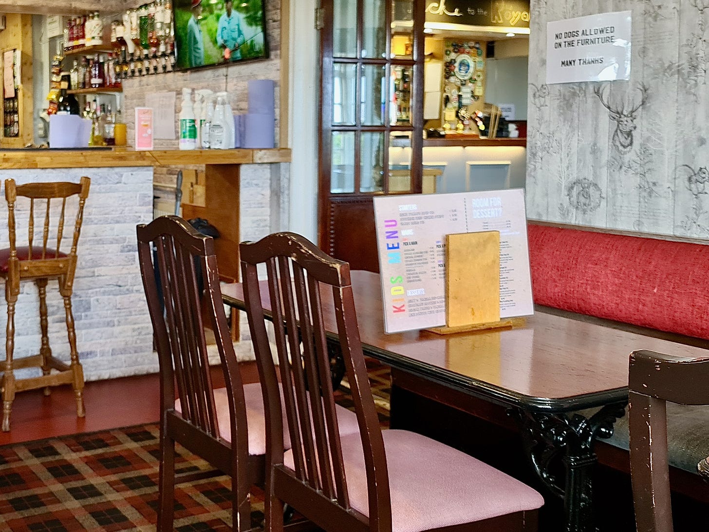 Dining area inside a pub in England. 