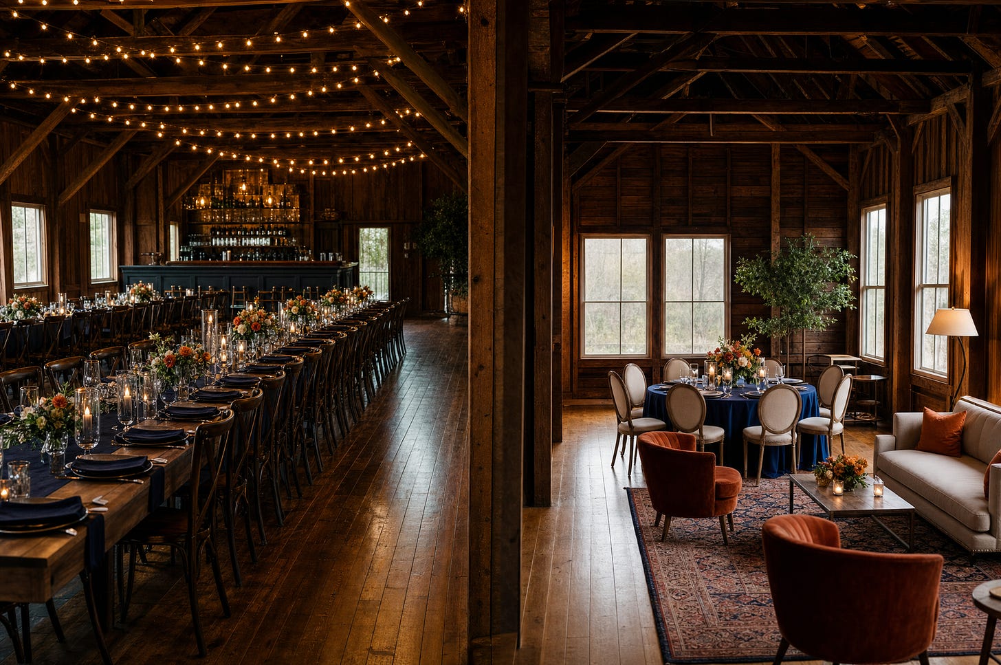 The same rental event space set two ways: on the left, long banquet tables and a bar for a large party; on the right, one small round table, armchairs and a sofa for an intimate private gathering. No people. The same rental event space set two ways: on the left, long banquet tables and a bar for a large party; on the right, one small round table, armchairs and a sofa for an intimate private gathering. No people.