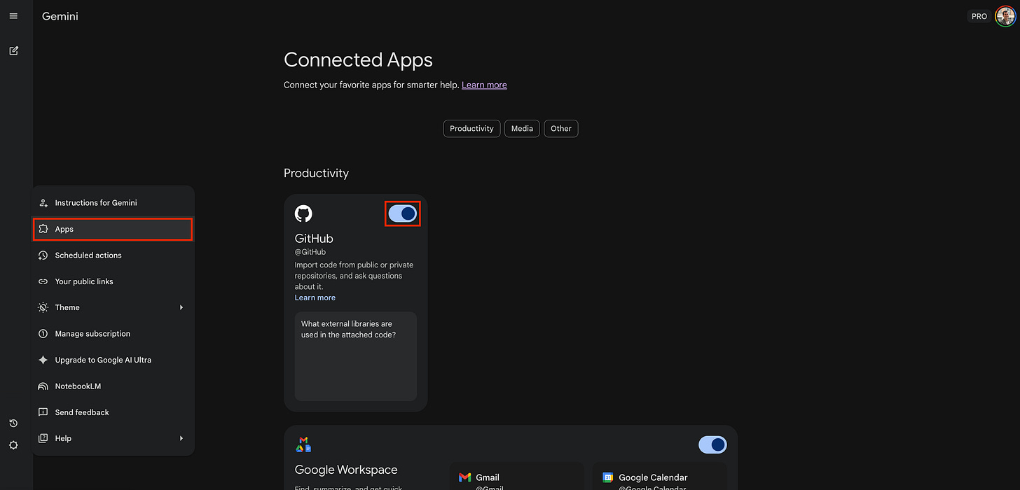 Screenshot of the Connected Apps menu in Gemini showing the GitHub extension toggled to the "On" position.
