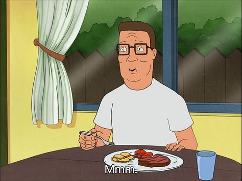Images of Hank and Peggy from King of the Hill eating a steak dinner