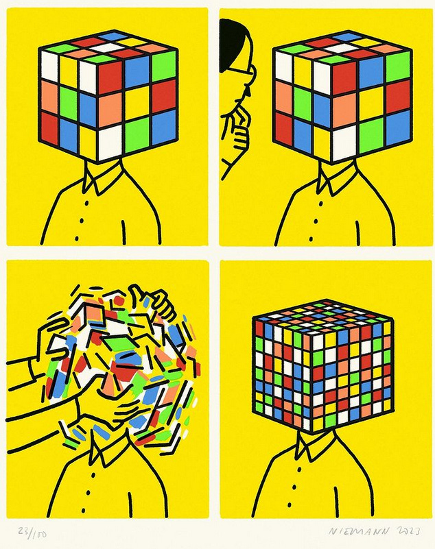4 quadros, em estilo cartunesco, sob fundo amarelo, e linhas pretas. Primeiro quadro: um corpo com cabeça de cubo mágico misturado, exatamente igual ao quadro seguinte. No terceiro, uma série de mãos mexe nesse cubo, o quadro registradno o movimento. O quarto quadro é o memso corpo, mas o cubo da cabeça tem mais quadradinhos, se tornando mais complexo e colorido. 4 quadros, em estilo cartunesco, sob fundo amarelo, e linhas pretas. Primeiro quadro: um corpo com cabeça de cubo mágico misturado, exatamente igual ao quadro seguinte. No terceiro, uma série de mãos mexe nesse cubo, o quadro registradno o movimento. O quarto quadro é o memso corpo, mas o cubo da cabeça tem mais quadradinhos, se tornando mais complexo e colorido.