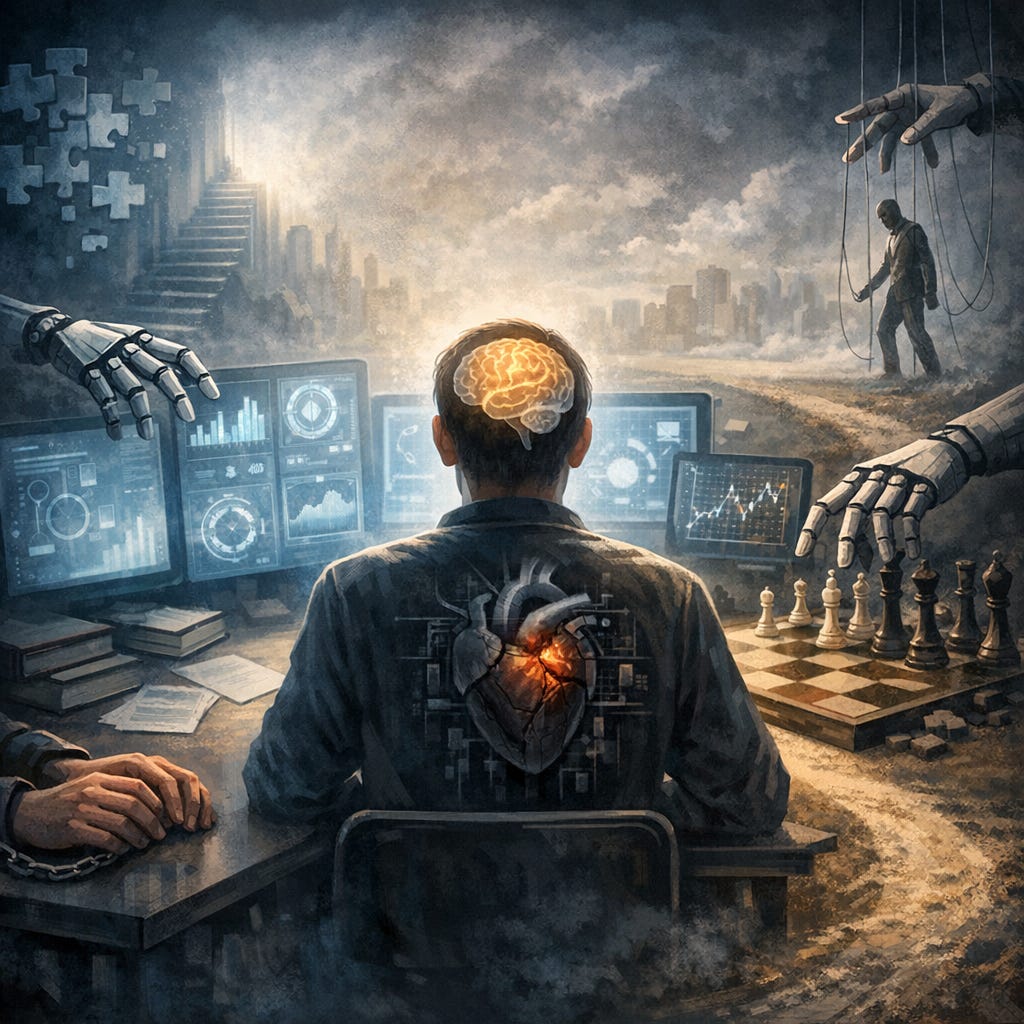 please generate an image concept (no text), inspired by: "I use AI constantly.

I build products with AI features. I recommend AI tools to founders and teams. I sit on AI panels as an alleged “expert.”

So if you’re expecting a rant about machines stealing jobs or AI ending civilization, you’re in the wrong place.

My concern is quieter. And deeper.

AI doesn’t fail us when it’s wrong.

It fails us when it’s right enough to stop thinking.



The Core Claim

Let me put my position plainly—without religious language, but grounded in a very old understanding of the human person:



A human being is fundamentally intellect and will.

Human flourishing is the formation of both.

AI threatens both—not by opposing them, but by replacing their exercise.

That last line matters.

AI doesn’t arrive as an enemy of humanity.

It arrives as a helpful substitute.

And that’s exactly why it’s dangerous.



1. Intellect: AI Weakens Judgment, Not Intelligence

Most conversations about AI and intelligence miss a crucial distinction.

Intellect is not information.

Intellect is the capacity to:





understand



judge



discern meaning



tell the difference between what sounds right and what is true

AI is extraordinarily good at producing information.
That doesn’t mean it strengthens intellect.

What AI Actually Does Well

AI excels at:





summarizing



pattern-matching



recombining existing material



producing coherent, persuasive output

Impressive? Absolutely.

But none of this is judgment.

How Judgment Is Formed

Human judgment isn’t formed by having answers delivered.

It’s formed through:





confusion



friction



error



correction



synthesis

Those moments when you don’t know—when you have to sit with uncertainty and work your way through it—are not bugs.

They are the training ground of intellect.

The Quiet Deformation

When AI becomes the first stop instead of the last check, it removes:





the need to evaluate



the discomfort of not knowing



the work of integration

Over time, it trains people to:





accept plausible output



skip understanding



mistake fluency for truth

Here’s the line most people feel immediately:



If you outsource judgment long enough, you don’t become smarter—you become dependent.

Dependency is not intelligence amplified.
It’s intelligence deferred.



2. Will: AI Weakens Agency, Not Freedom

This is where the conversation usually turns uncomfortable—because it’s no longer abstract.

It’s about responsibility.

What the Will Actually Is

The will is the human capacity to:





choose



commit



act toward a perceived good

And like any human faculty, it strengthens through use.

Specifically, through:





effort



resistance



sacrifice



ownership of outcomes

What AI Optimizes For

AI is relentlessly optimized for:





speed



ease



comfort



friction removal

Increasingly, it offers to:





plan for you



decide for you



write for you



act on your behalf

Each of these feels like a win.

Taken individually, they often are.

Taken together, they hollow something out.

The Trade We Don’t See

The will does not grow by having things done for it.

It grows by choosing hard goods.

When AI removes the need to choose, it removes the conditions under which the will is formed.

This shows up everywhere:





Auto-writing weakens the resolve to speak in your own voice



Auto-planning weakens responsibility for direction



Auto-decision weakens ownership of consequences

Here’s the uncomfortable truth:



Convenience doesn’t just save effort—it trains the will out of existence.

That’s not a moral accusation.

It’s a design outcome.



3. The Real Risk: AI Simulates the Human Faculties

This is the part that still feels new.

And unsettling.

AI doesn’t attack human faculties head-on.

It simulates them.





It appears intelligent—without understanding



It appears intentional—without will



It appears relational—without love

The simulation is good enough that we stop practicing the real thing.

Why That Matters

Humans adapt to their environment.

If the environment:





rewards passivity



removes deliberation



replaces agency

Then people don’t rebel.

They slowly atrophy.

This is how it happens:



We don’t lose our humanity in one dramatic moment. We lose it by no longer needing to practice it.

No revolution.
No collapse.
Just erosion.



4. “You’re Just Afraid of Progress”

This is the reflexive response.

So let me answer it directly.



I’m not afraid of machines becoming smarter.

I’m afraid of humans becoming less responsible.

Or, more sharply:



Progress that deforms the human person isn’t progress—it’s displacement.

Technology should extend human excellence.

Not replace the very acts that make excellence possible.



The Question We Should Be Asking

Not:





Can AI do this faster?



Can AI do this cheaper?

But:





What human faculty does this remove the need to exercise?



And what happens to people when that faculty atrophies?

That’s not anti-technology.

That’s pro-human.

And if we don’t learn to ask those questions while we still have the option—

someone else will answer them for us later.

Usually after the damage is done."