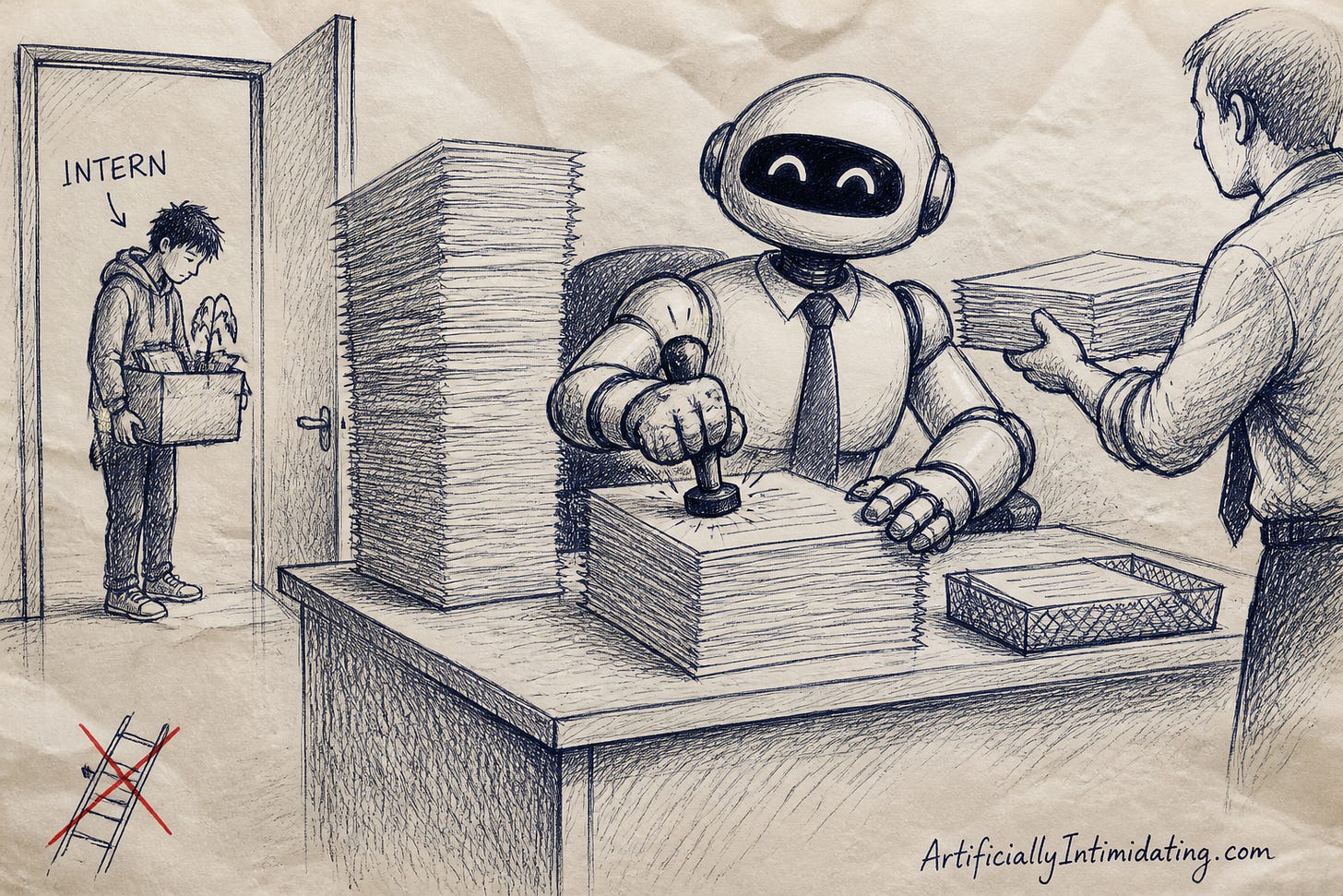 A robot in a tie stamps a tall stack of memos at the intern's desk while a human manager hands it more paper and a human intern stands in the doorway holding a box with a wilted plant. A small sketch of a ladder with missing rungs is crossed out.