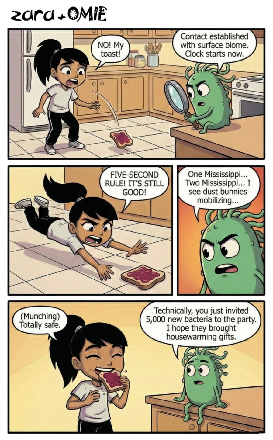 Zara dropping toast on the kitchen floor, rushing to grab it while Omie counts bacteria, then happily eating it as Omie comments on the new microbes invited to the party.