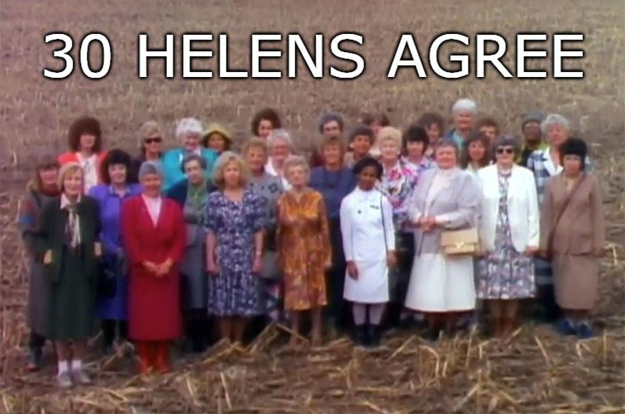 Meme of Kids in the Hall recurring sketch '30 Helens Agree,' picturing 30 women, all presumably named Helen. standing in a recently harvested cornfield. 