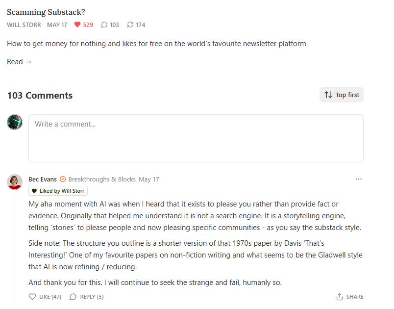 Screenshot showing Substack comments page.