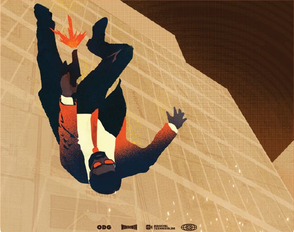The image depicts a dark-skinned man wearing sunglasses, firing a pistol upwards as he falls downwards. It is implied he is falling from a great height, such as from a building. A building silhouette is in the background. There are Duskwall-flavoured logos in a line at the bottom that parody logos seen on 60s-era movie posters.