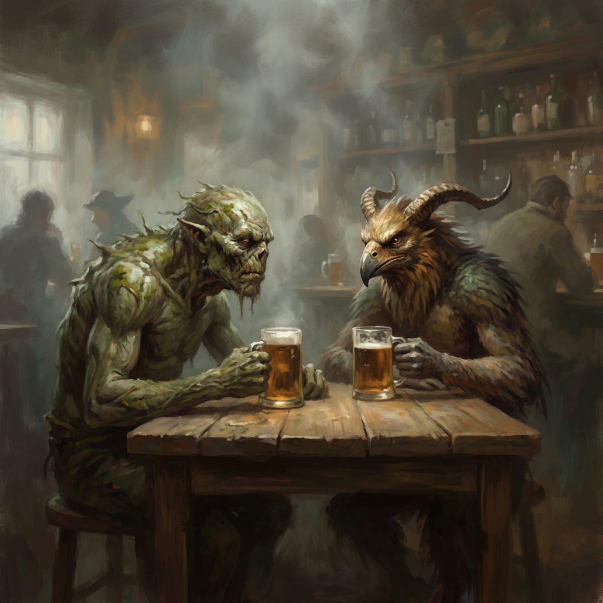 Two monsters in a bar talking shop over beers. Two monsters in a bar talking shop over beers.