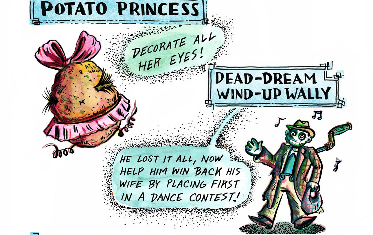 A cartoon featuring animals and vegetables.