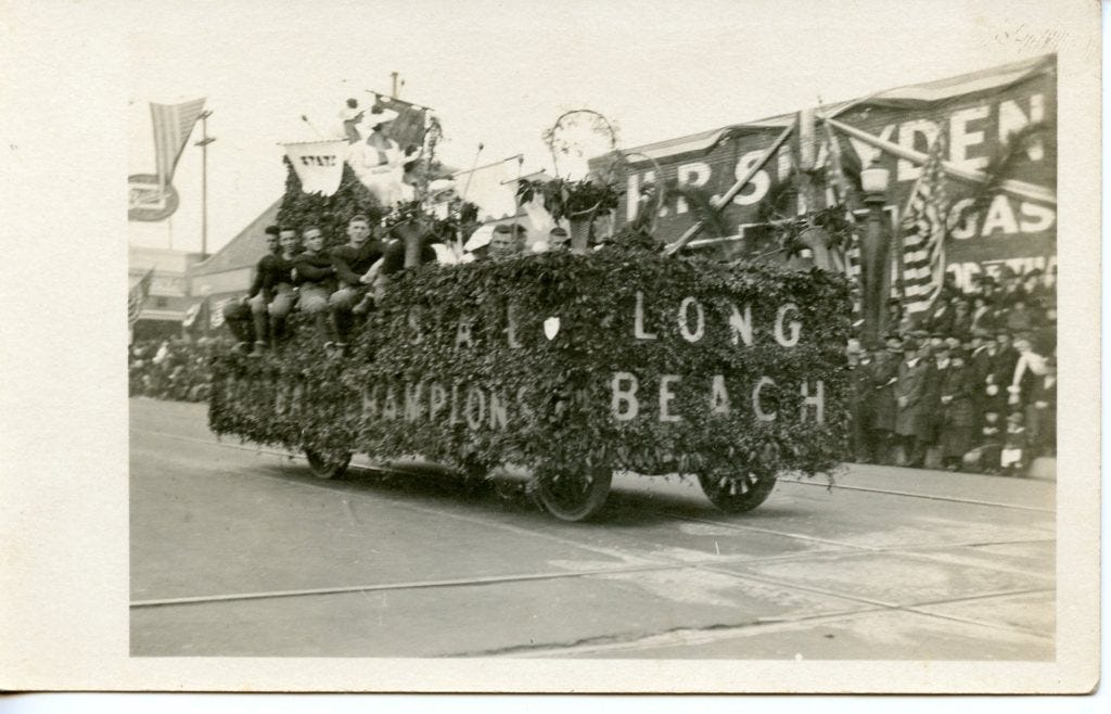The 1919 Long Beach Poly team rides on a float during the 1920 Tournament of Roses parade.