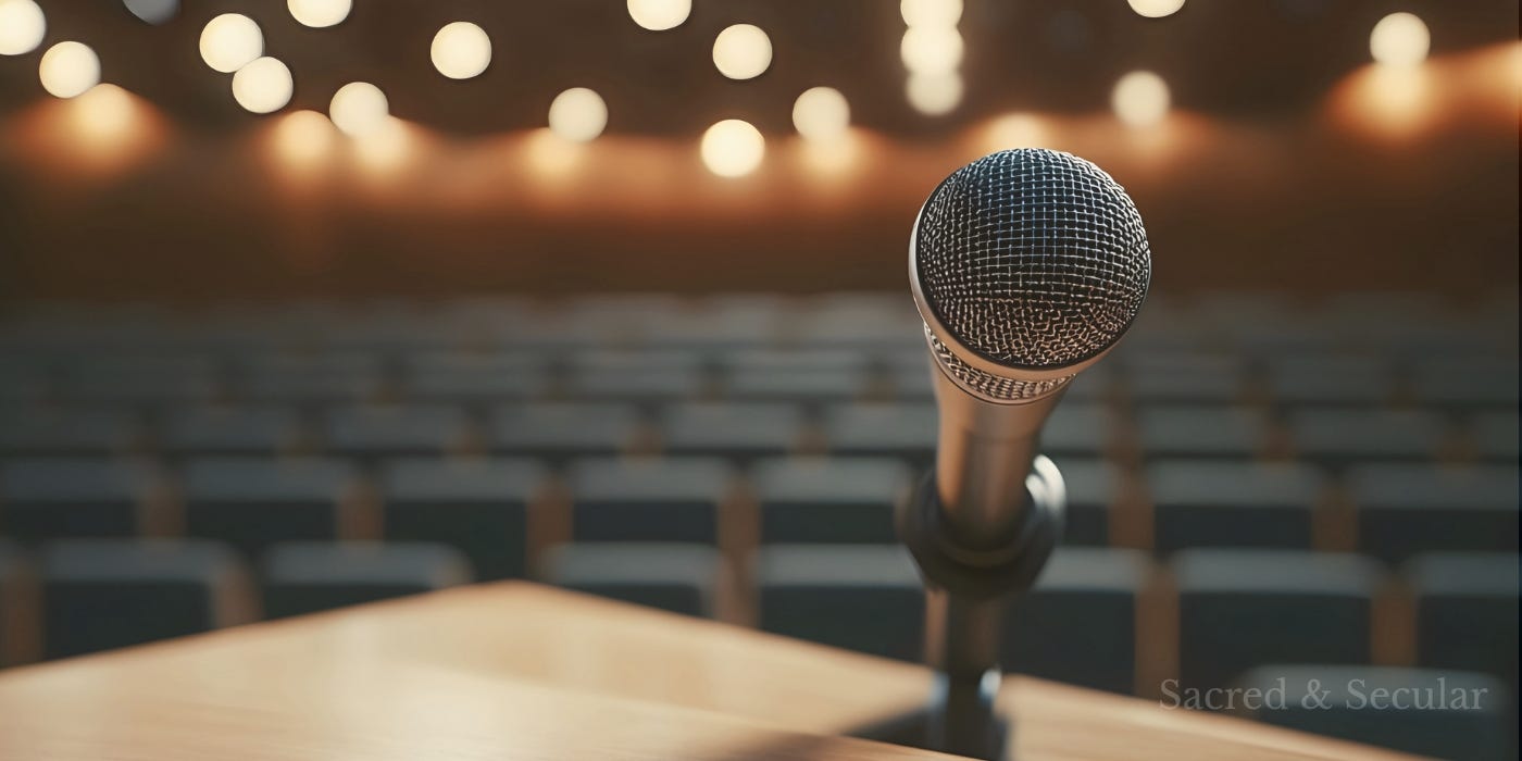 A close-up of a microphone on a lectern in an empty auditorium, with rows of blurred seats and warm lights in the background, symbolising the hidden vulnerability behind public speaking.