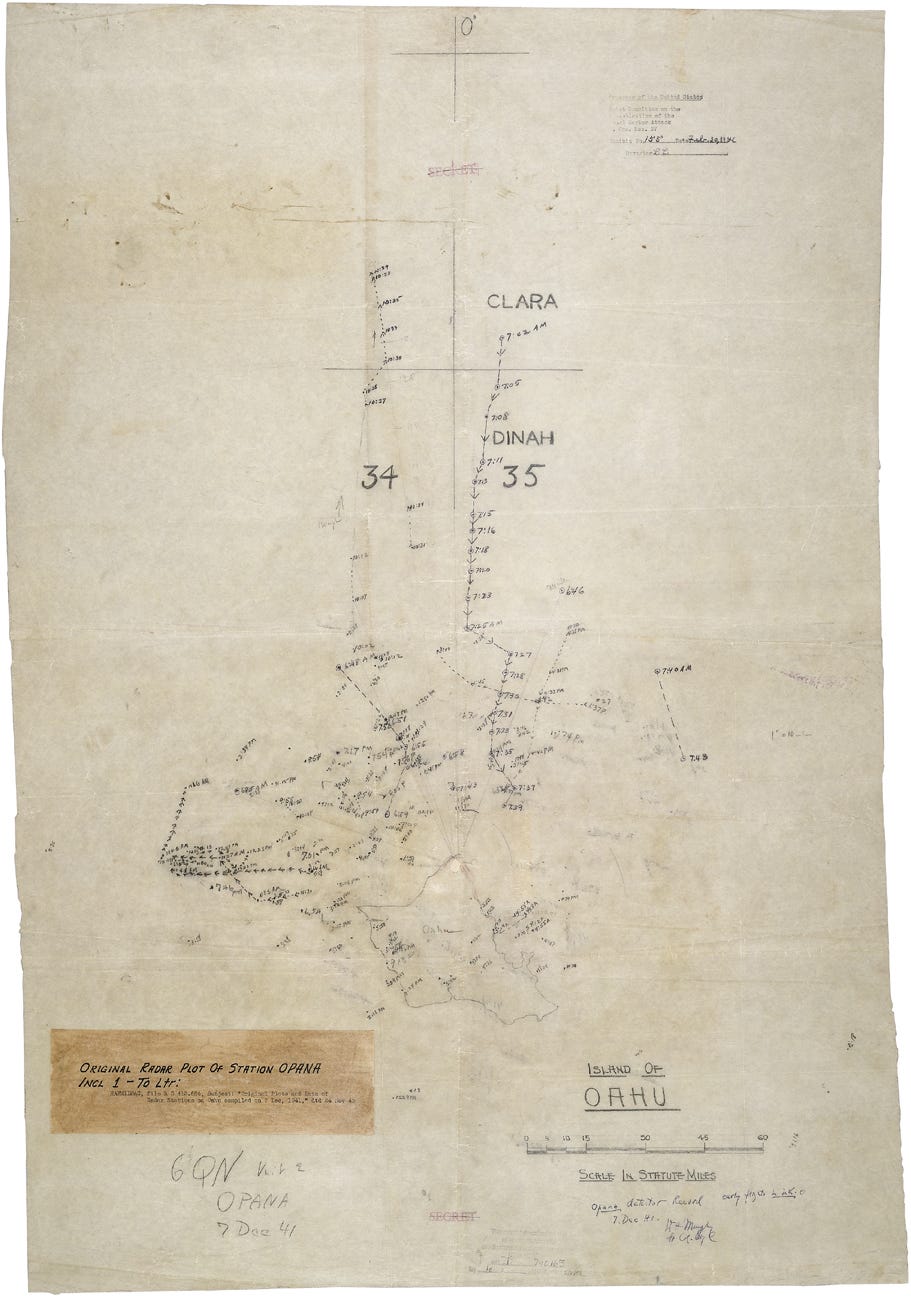 The Radar Plot of Detector Station Opana was an exhibit of the Joint Committee. The 22 x 31-inch radar plot was made by Private Joseph L. Lockard at the Opana Radar Station on the morning of December 7, 1941. It indicated a large number of aircraft approaching the island of Oahu. The control officer believed the radar signals announced the approach of American B-17s scheduled for arrival the same day, but the signals actually tracked the first wave of Japanese bombers and torpedo planes that attacked Pearl Harbor.