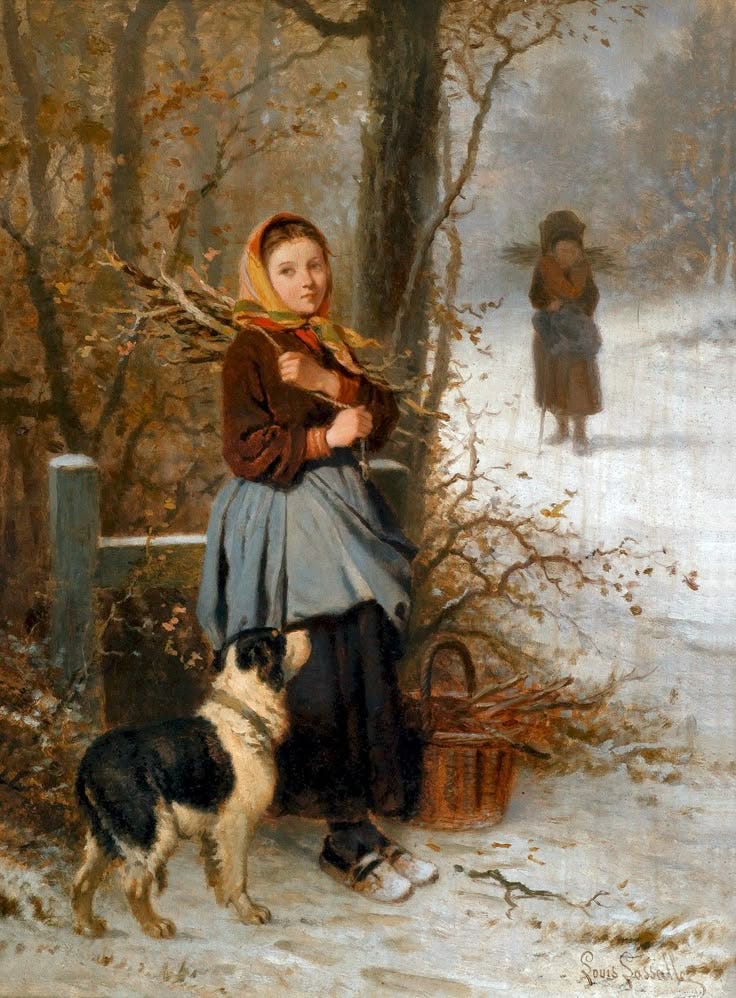 This may contain: a painting of a woman and her dog standing in the snow by a fence with two children