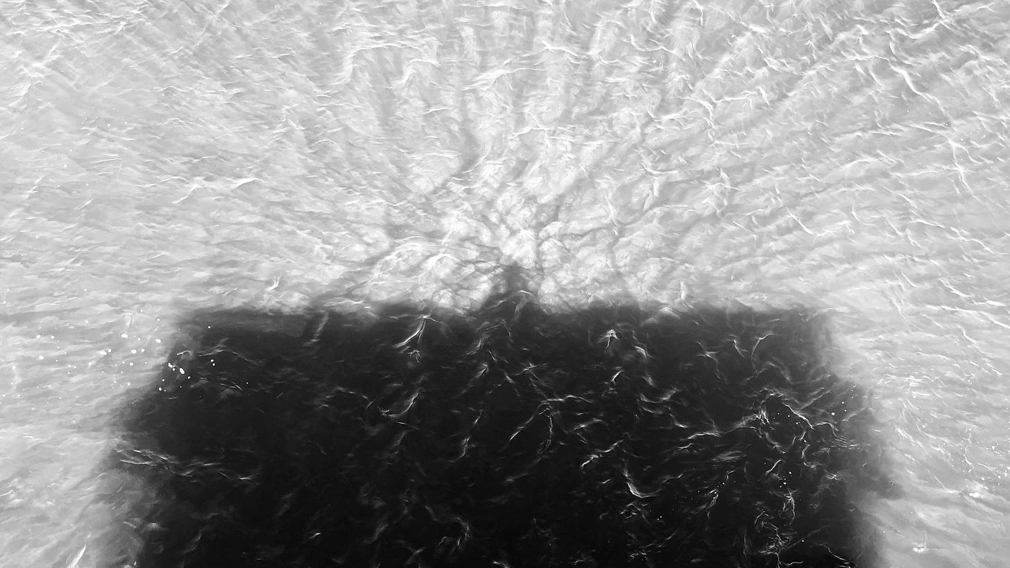 Per ChatGPT: This black-and-white photo captures the shadow of a pier and a person, visible as a dark bump, projected onto the surface of the water. The sun, positioned directly behind the viewer, brightly illuminates the water, creating intricate, web-like patterns of light and shadow. The contrast between the dark shadow and the illuminated water emphasizes the dynamic interplay between light and movement, resulting in an abstract and visually engaging image. The shadow’s clear outline against the textured water surface adds depth and interest to the composition.