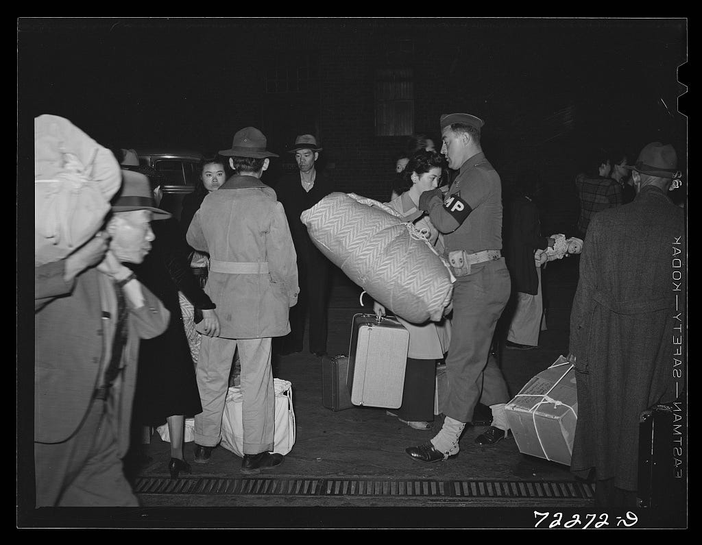 Japanese American families leaving Los Angeles for Owens Valley in 1942.