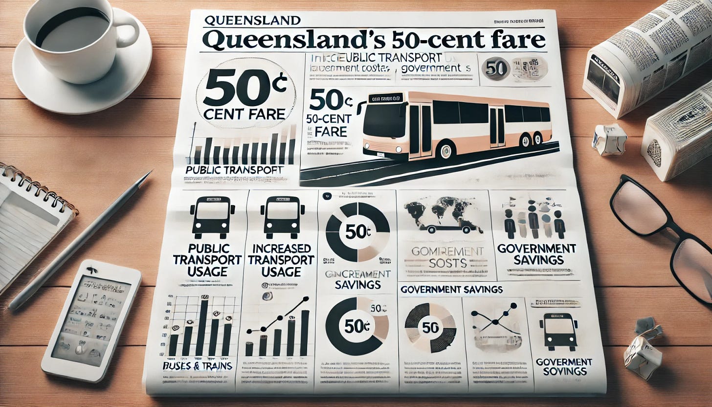 A newspaper article layout design focusing purely on the visuals. The design centers on a public transport fare policy with Queensland’s 50-cent fare highlighted through charts and diagrams. A visual representation of increased public transport usage, government costs, and commuter savings is shown. The layout features clear, professional elements like icons for buses and trains, bar charts representing increased trips, and a simple infographic to represent government cost estimates. There are no words, just a clean visual presentation mimicking a newspaper infographic without any text.