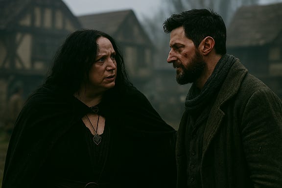 A gothic fantasy scene showing Clarion and Fleetwood talking after the battle with vampire spawn. Clarion is visually based on Gwendoline Christie with black hair—tall, striking, dressed in a dark cloak with silver accents and a glowing charm around her neck. Her expression is concerned but composed, one hand resting on Fleetwood’s shoulder. Fleetwood is visually based on Richard Armitage—rugged, weary, with a torn cloak and bloodied bracers. He leans slightly on his sword, his face marked by exhaustion and resolve. The background is a misty Barovian town square with cobblestones stained from battle, broken crates, and townsfolk watching from a distance. The lighting is soft and somber, with gray clouds overhead.