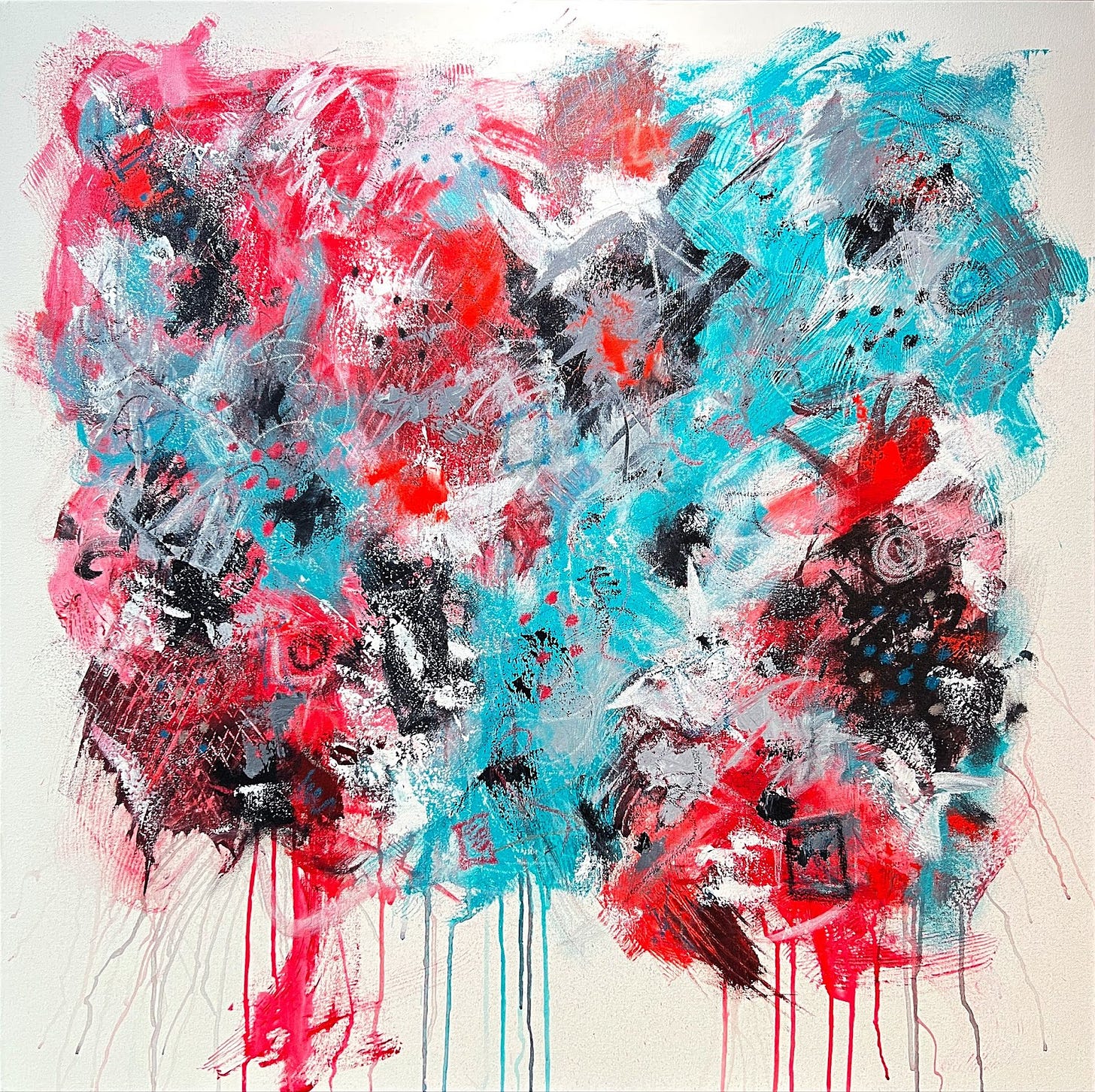 An abstract painting with red, teal, black, and white An abstract painting with red, teal, black, and white