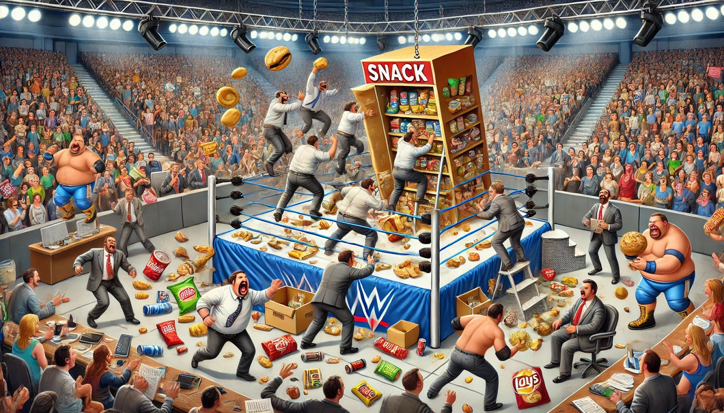 A humorous and chaotic illustration of white-collar workers in business attire engaged in a playful brawl inside a professional wrestling ring styled like a World Wrestling Entertainment (WWE) event. The workers are fighting over a large snack closet in the ring, spilling snacks like chips, cookies, and drinks everywhere. The crowd is cheering, with office-themed elements like desks and chairs visible in the background. The tone is comedic and exaggerated, capturing the absurdity of the situation.