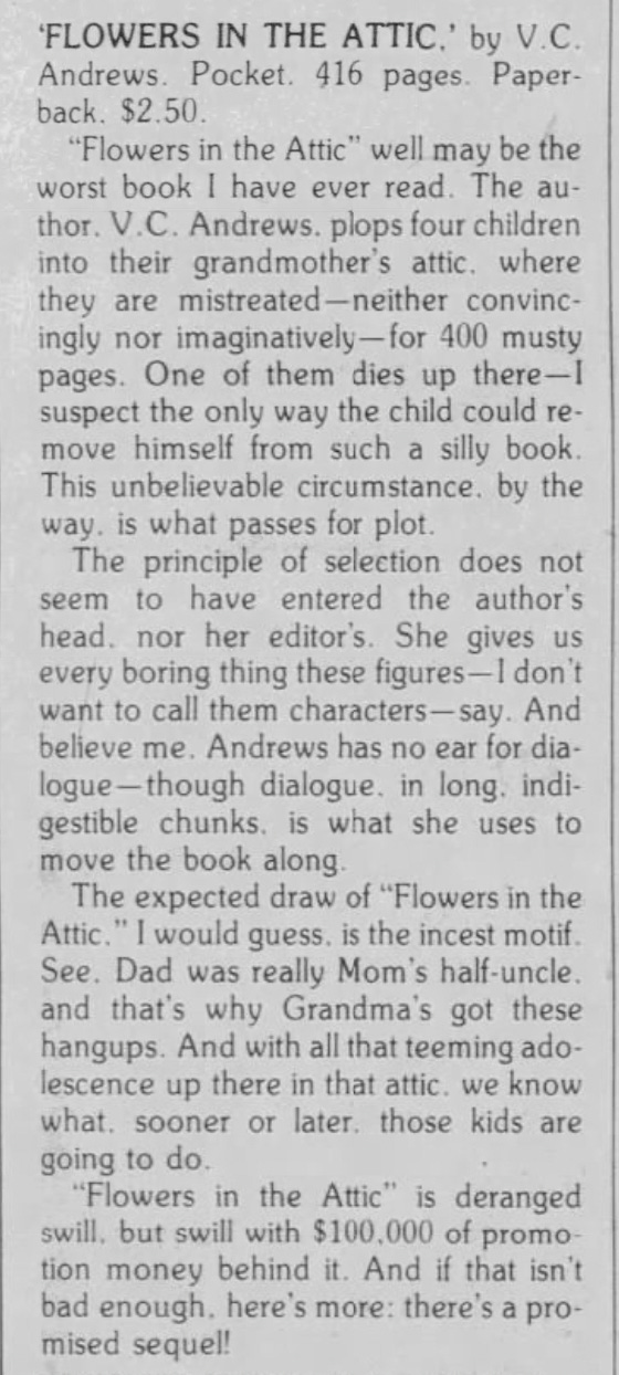 Terrible review of the novel "Flowers in the Attic" by The Washington Post’s Carolyn Banks, November 21, 1979.