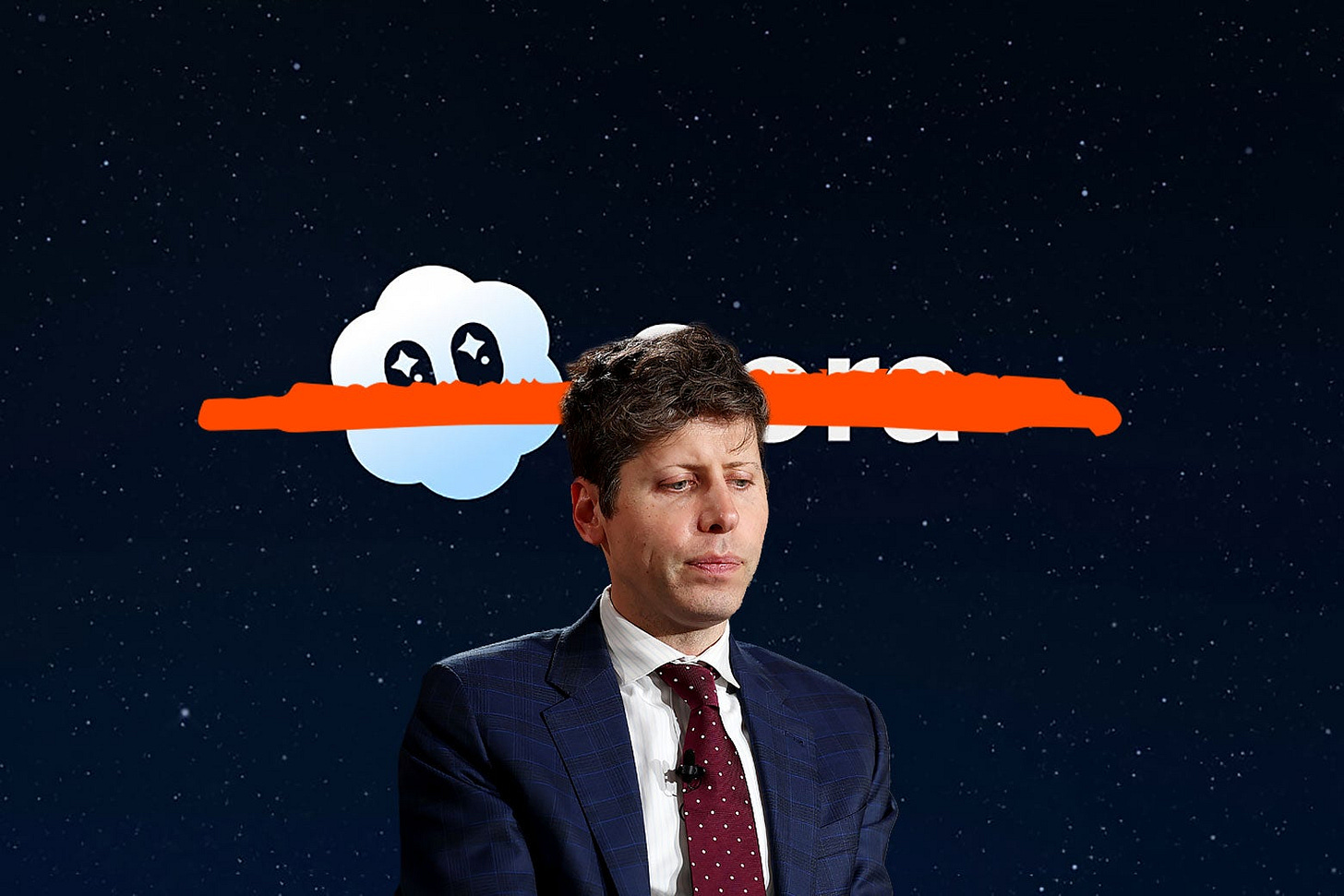Sam Altman in front of a crossed out Sora logo against a starry background. 