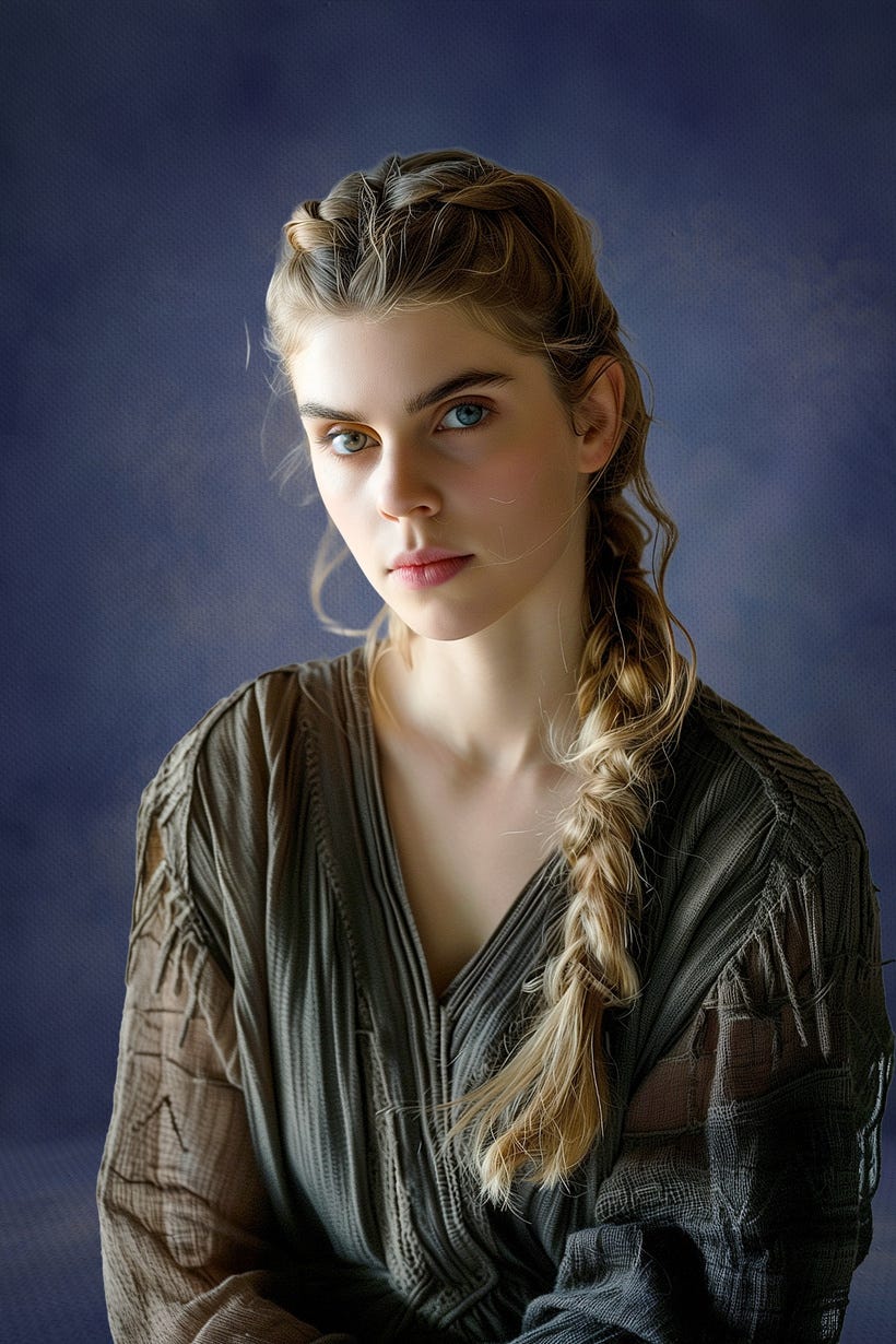 Portrait of a young woman with pale blonde hair braided over one shoulder, dark roots visible at the scalp. She has light eyes, a calm but guarded expression, and wears simple, muted clothing against a cool blue-gray background. The composition is centered and formal, conveying restraint and institutional control.