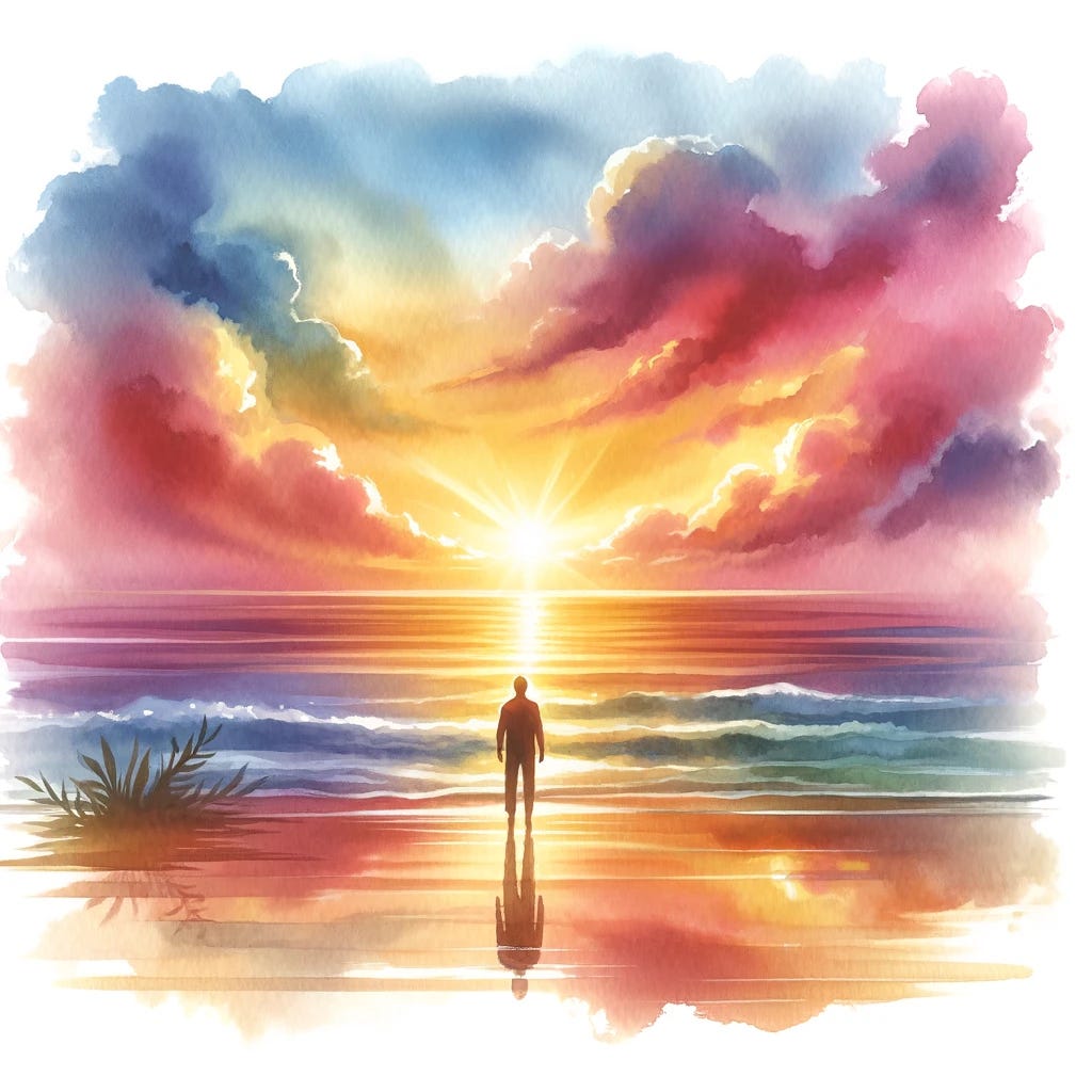 A watercolor painting depicting a serene and hopeful scene. The painting features a vibrant sunrise over a calm sea, with gentle waves reflecting the golden and pink hues of the sky. In the foreground, there is a lone figure standing on the shore, gazing towards the horizon, symbolizing contemplation and optimism. The colors should be soft and warm, blending harmoniously to evoke a sense of peace and possibility.