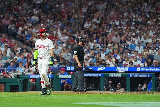 Bryce Harper of the Philadelphia Phillies looks on against the New York Yankees at Citizens Bank Park on July 26, 2026 in Philadelphia, Pennsylvania....